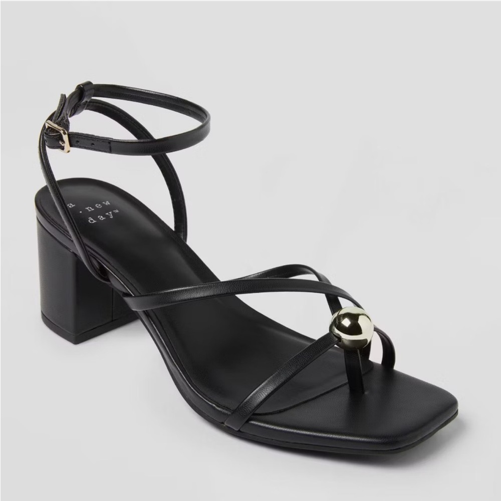 Black Phoebe Strappy Ball Ornament Block Heel Sandals with Gold Accent